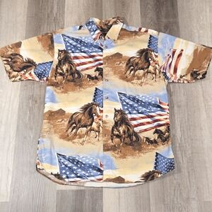 vintage Bit & Bridle men's button-up western shirt horses & American flags